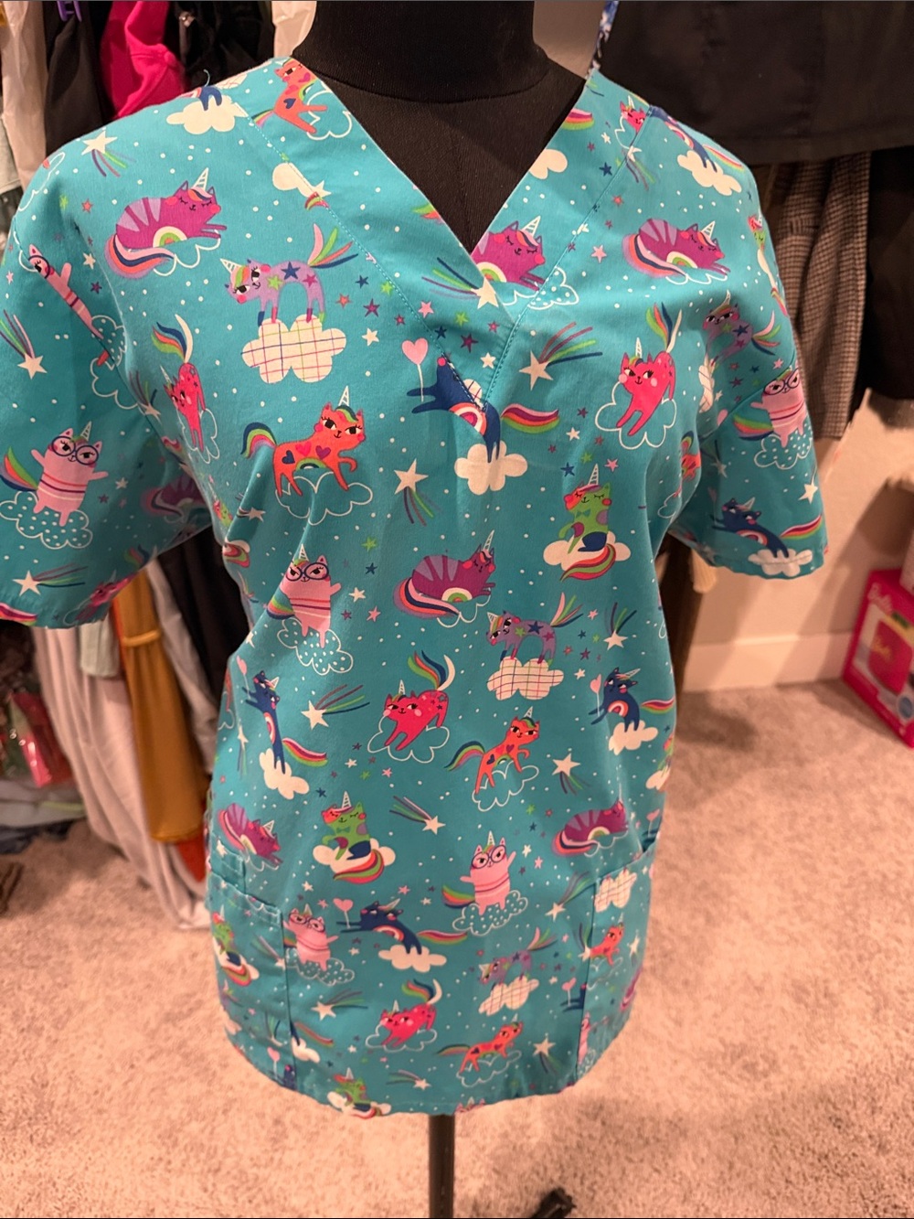 UA Scrubs Teal Unicorn & Rainbow Print Women's Pajama Top